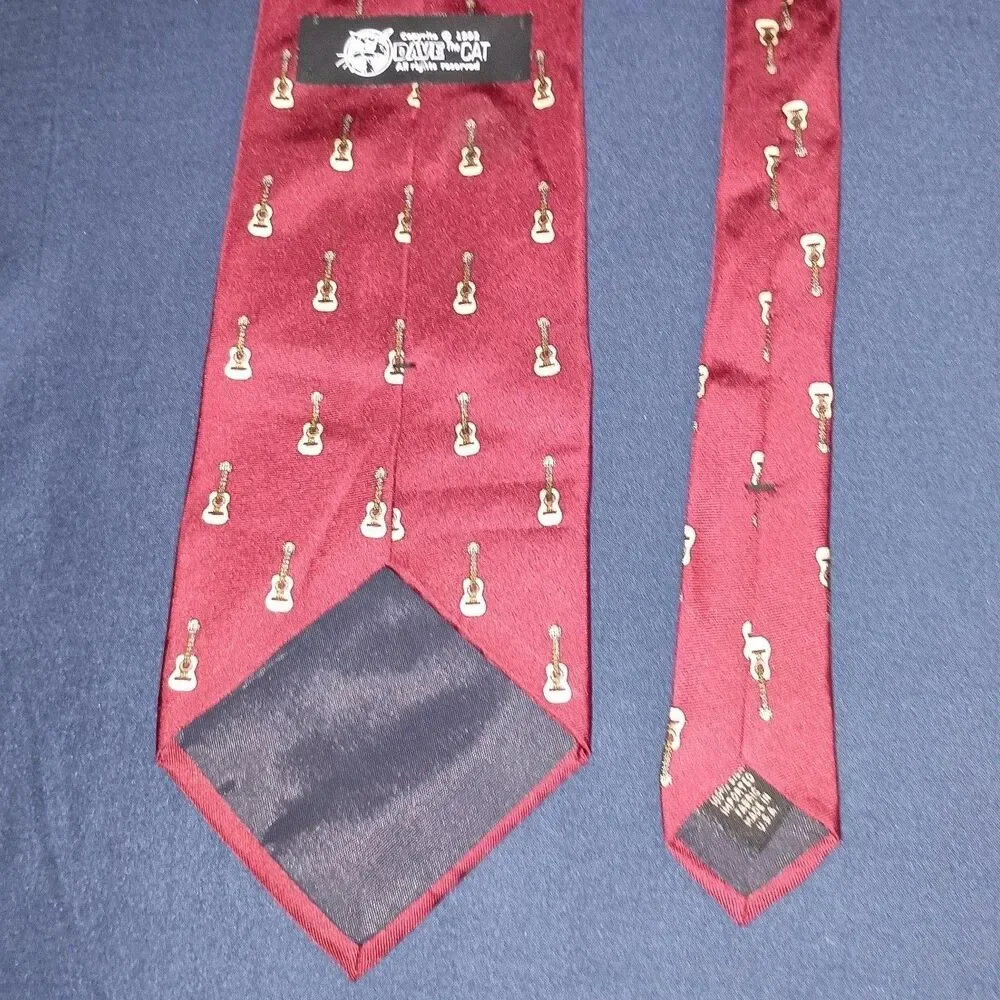 Vintage Dave The Cat Necktie Acoustic Guitar Tie Maroon Burgundy 100% Silk USA